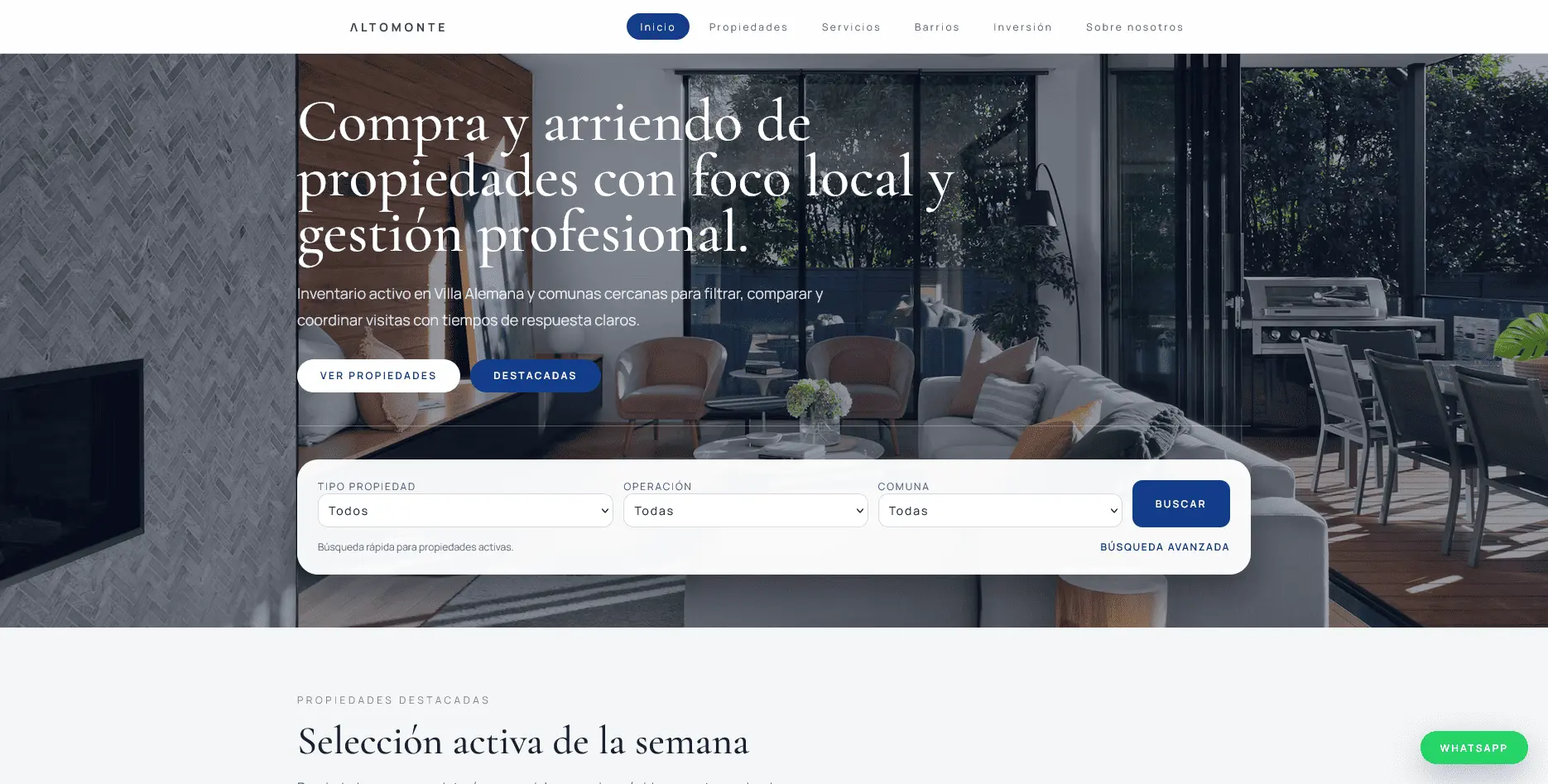 Vista de la plataforma inmobiliaria de Altomonte Bienes Raíces