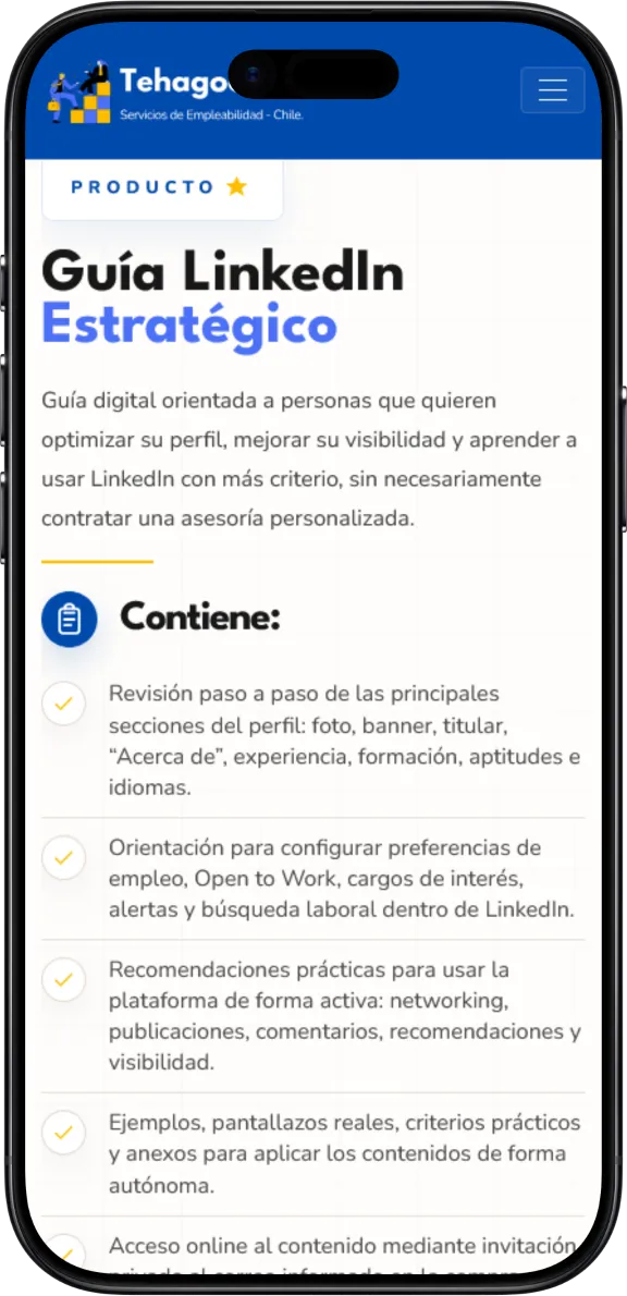 Vista móvil del sitio de TehagoelCV en un teléfono